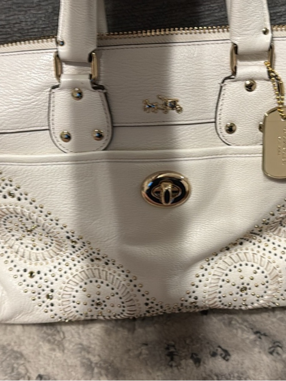 Coach White Leather Shoulder Tote with Gold Turnlock and Studded Floral Motif